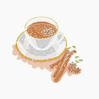 Editable Three-Quarter Top View Masala Chai with Star Anise Topping and Other Herb Spices Vector Illustration in Brush Strokes for Artwork Element of Beverages With South Asian Culture and Tradition