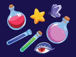 conjunto de ilustraciones vectoriales temáticas de fantasía mágica, poción y brujería. botellas de poción, dibujo de estrellas, ojos y mariposas con estilo y color de arte plano de dibujos animados. vector