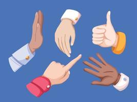 Various hand gestures like thumbs up, pointing fingers, stop hand, giving or demanding drawing. Vector illustration set collection with cartoon flat art style and colorful illustration