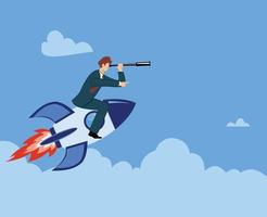 businessman looking using a telescope on a rocket. flat design vector