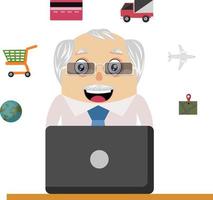 Old man working at pc, illustration, vector on white background.