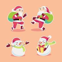 Santa Claus distributing gifts with snowman in flat design style vector