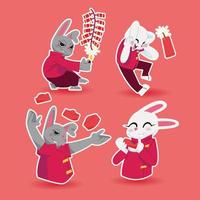 Welcoming Chinese New Year by lighting fireworks and firecrackers and eating moon cakes in flat design vector