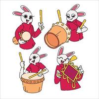conejo de año nuevo chino tocando tambores y sosteniendo la decoración de la pared en diseño plano vector