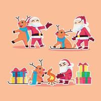 santa claus y su ciervo distribuyen regalos en diseño plano vector