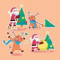 Santa Claus and his Deer are decorating the Christmas tree in flat design vector