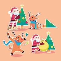 Santa Claus and his Deer are decorating the Christmas tree in flat design vector