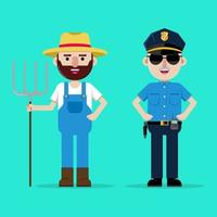 Vector illustration of a cartoon character with different professions, a policeman and a farmer.