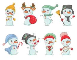 Bundle of cute cartoon snowmen in knitted hats and scarves with Christmas gifts, snowflakes, holly, dressed as New Year characters vector
