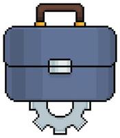 Pixel art briefcase with gear, work strategy vector icon for 8bit game on white background