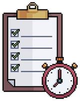 Pixel art clipboard with clock, stopwatch, alarm clock vector icon for 8bit game on white background