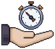 pixel art mano sujetando el icono de vector de cronómetro para juego de 8 bits sobre fondo blanco