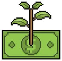 Pixel art banknote with plant, money bill, money note vector icon for 8bit game on white background