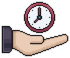 pixel art mano sosteniendo icono de vector de reloj para juego de 8 bits sobre fondo blanco