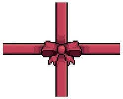 Pixel art red cross ribbon with bow, gift decoration vector icon for 8bit game on white background