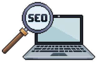 Pixel art laptop and magnifying glass written the word SEO vector icon for 8bit game on white background