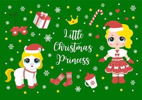 Vector element set for Christmas and New year. Cute little princess and her pets