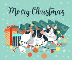 Greeting card Merry Christmas and Happy New Year. Trendy retro style. Vector design template with cute cats