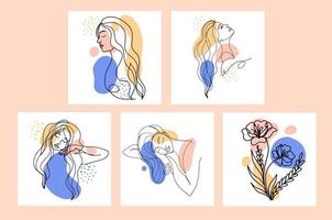 Vector set of design templates and illustrations in minimal linear style - minimalistic modern art - female portrait and flowers