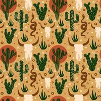 Wild West seamless pattern. Cacti, skull in the desert. Vector illustration