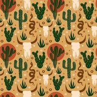 Wild West seamless pattern. Cacti, skull in the desert. Vector illustration