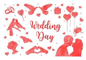 Happy Wedding Day icon set of watercolor silhouettes. Cute romance love collection of design elements with heart, couple, cats, pigeons. Vector illustration
