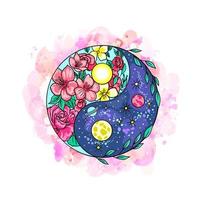 Yin and yang symbol with floral elements and space on watercolor background. Vector illustration