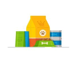 Food for pets. Food for cats and dogs. Vector illustration of pet store products. Pet food for dogs, bag and cardboard box.