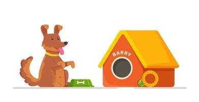 Concept of a beautiful dog standing in front of his kennel. vector