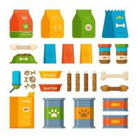 Animal Food Set. Vector illustration of a variety of food for pets. Food bags, canned food, bowls, bones, boxes, drinkers and other pet food.