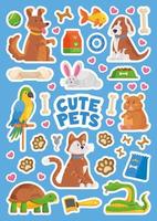 Set of stickers with different animals, bowls and paws. vector