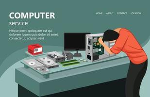 Computer service illustration, a man is repairing a pc. Perfect for landing pages, headers, flyers, banners, flyers, infographics and other graphic assets in an isometric vector style