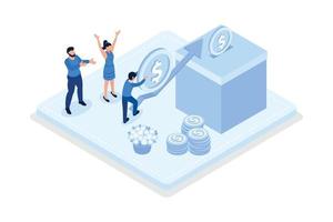 Volunteers putting coins in donation box and donating with credit card online. Financial support and fundraising concept, isometric vector modern illustration