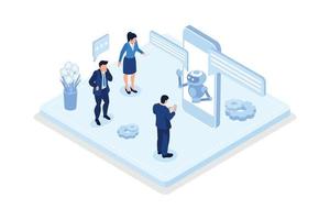 Customers having dialog with chatbot on smartphones. Characters chatting with robot, asking questions and receiving answers. AI assistant support and FAQ concept, isometric vector modern illustration