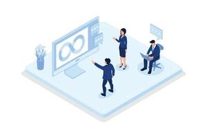 Technical support teams working together to build an engineering system. Software development and it operations concept, isometric vector modern illustration