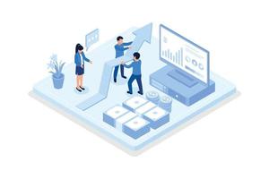 Characters analyzing stock market data and planning investment strategy. People examining financial graphs, charts and diagrams. Stock trading concept, isometric vector modern illustration