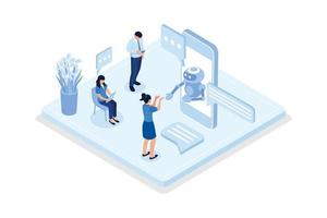 Customers having dialog with chatbot on smartphones. Characters chatting with robot, asking questions and receiving answers. AI assistant support and FAQ concept, isometric vector modern illustration