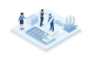 Characters filling survey form, giving positive feedback and filing checklist on smartphone and computer. User experiences concept, isometric vector modern illustration