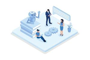 Customers having dialog with chatbot on smartphones. Characters chatting with robot, asking questions and receiving answers. AI assistant support and FAQ concept, isometric vector modern illustration