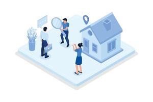 personajes buscando y eligiendo apartamento o casa para alquilar o comprar. concepto de mercado inmobiliario, ilustración moderna de vector isométrico