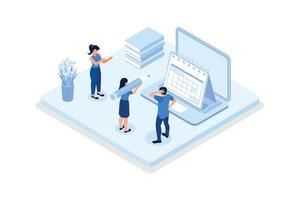 Planning schedule, Characters putting stickers on calendar,  Daily planning concept, isometric vector modern illustration