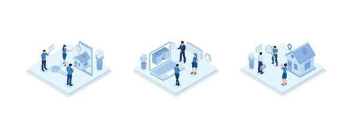 Characters searching and choosing apartment or house for renting or buying. Property market concept, set isometric vector illustration