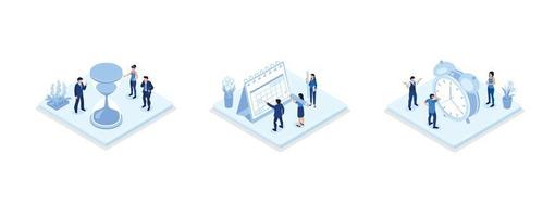 Time management and schedule planning scenes. Characters managing work and life time, organizing daily tasks and putting mark on calendar, set isometric vector illustration