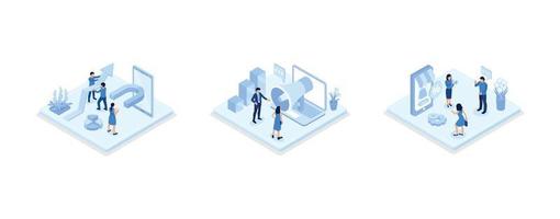 Characters integrating with audience on social media platform, offering discount and using marketing strategy to increase followers, set isometric vector illustration