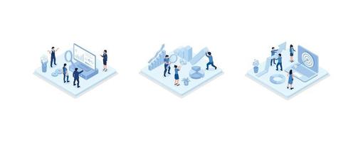 Characters discussing marketing and seo strategy. People analyzing market trends and planning seo optimization. Seo targeting and performance concept, set isometric vector illustration