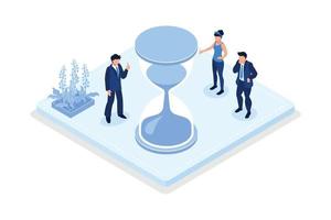 Time management and schedule planning scenes. Characters managing work and life time, organizing daily tasks and putting mark on calendar, isometric vector modern illustration