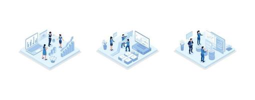 Characters analyzing stock market data and planning investment strategy. People examining financial graphs, charts and diagrams. Stock trading concept, set isometric vector illustration