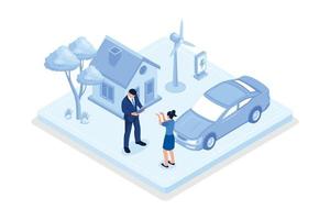 Modern Eco Private House with Windmills and Solar Energy Panels, Electric Car near Charging Station, Green Industrial Factory with Renewable Energy, isometric vector modern illustration