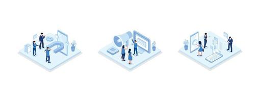 Characters integrating with audience on social media platform and using marketing strategy to increase followers, set isometric vector illustration