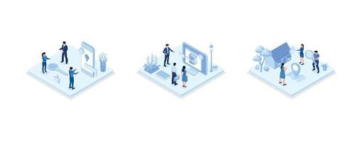 Characters searching and choosing apartment or house for renting or buying. Property market concept, set isometric vector illustration